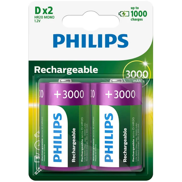 12 stk Philips oplladbare D batterier, 2 stk. | R20B2A300-10 12 stk Philips oplladbare D batterier, 2 stk. | R20B2A300-10